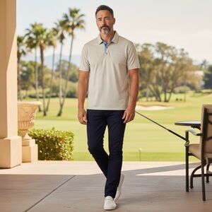 Tommy Bahama Men's Emfielder Johnny Collar Polo Shirt Cream/Blue Size-XXL GUC